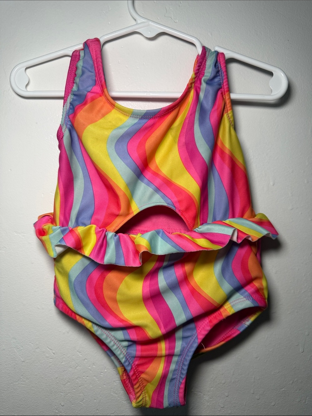 Kids' Rainbow Wave Ruffle One-Piece Swimsuit - Pink/Yellow/Blue